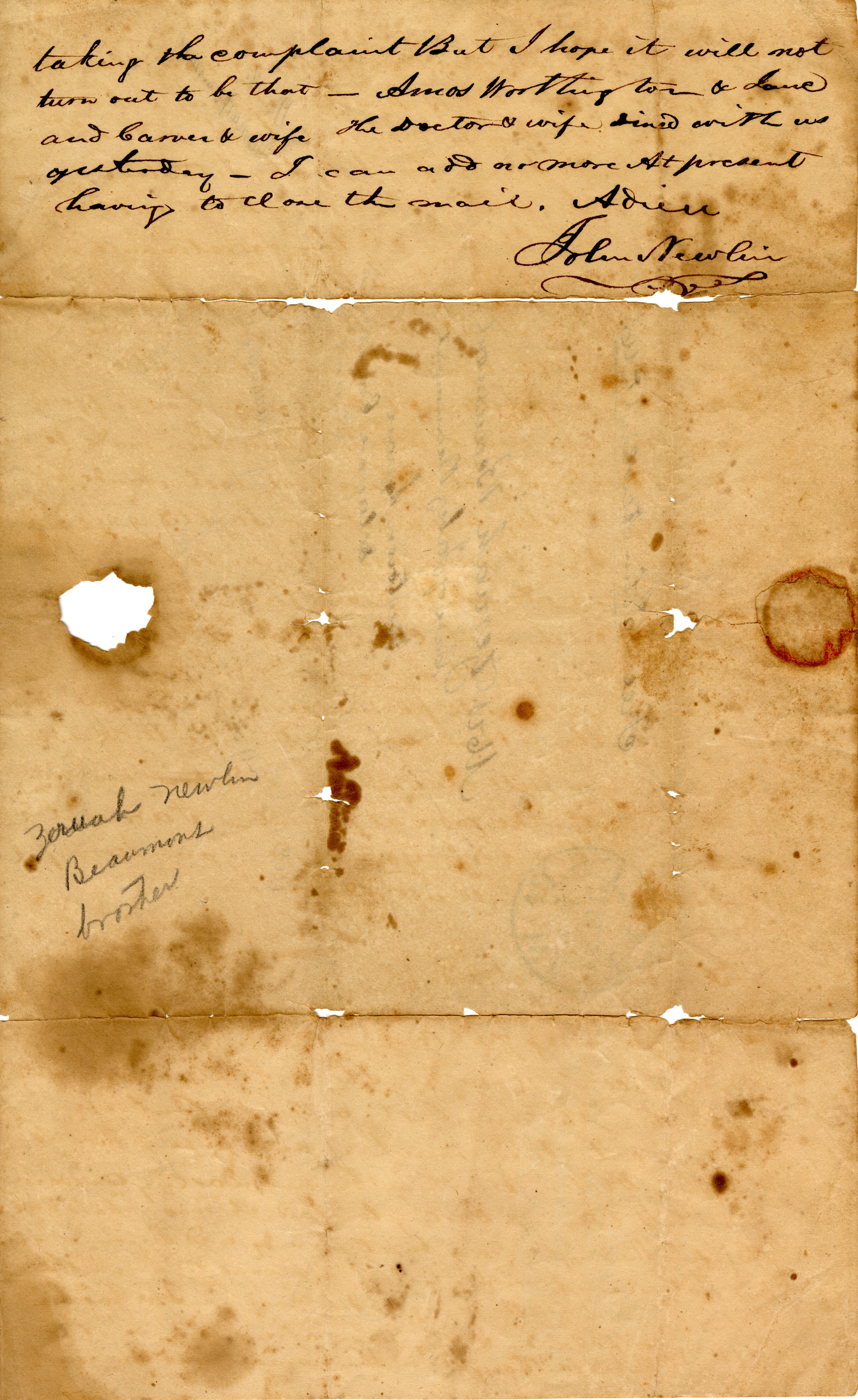 1821 Letter_page 3_from John Newlin to his sister, Zeruah Beaumont 